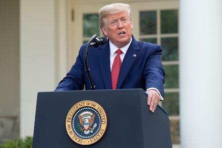 United States President Donald Trump delivers remarks on the coronavirus and COVID-19 pandemic, in t...