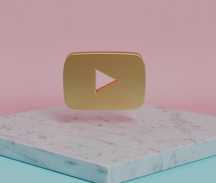 Golden Youtube Play Icon on the Candy Background . 3D Illustration of Golden Player, Youtube, Media,...