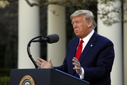 President Donald Trump speaks about the coronavirus in the Rose Garden of the White House, in Washin...