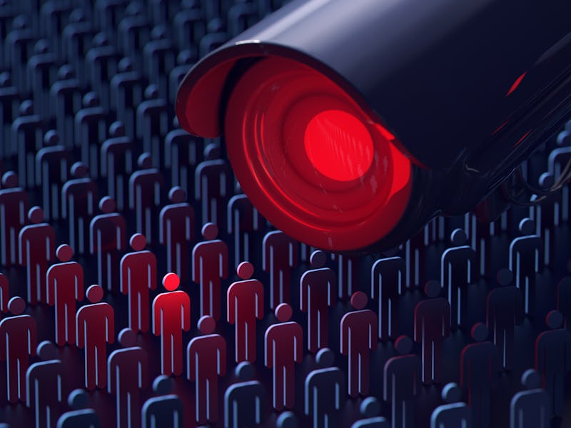 Giant surveillance camera spies a man. No secrets, no privacy concept. 3D rendering