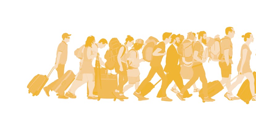 Passengers with luggage walking at airport vector. Travelers with bags go home. Tourist man and woma...