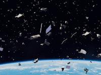 space debris in Earth orbit, dangerous junk orbiting around the blue planet (3d illustration, elemen...