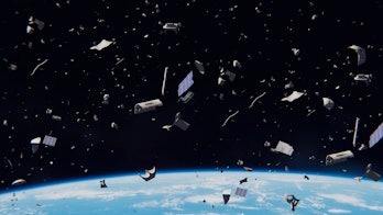 space debris in Earth orbit, hazardous debris in orbit around the blue planet (3d illustration, element...