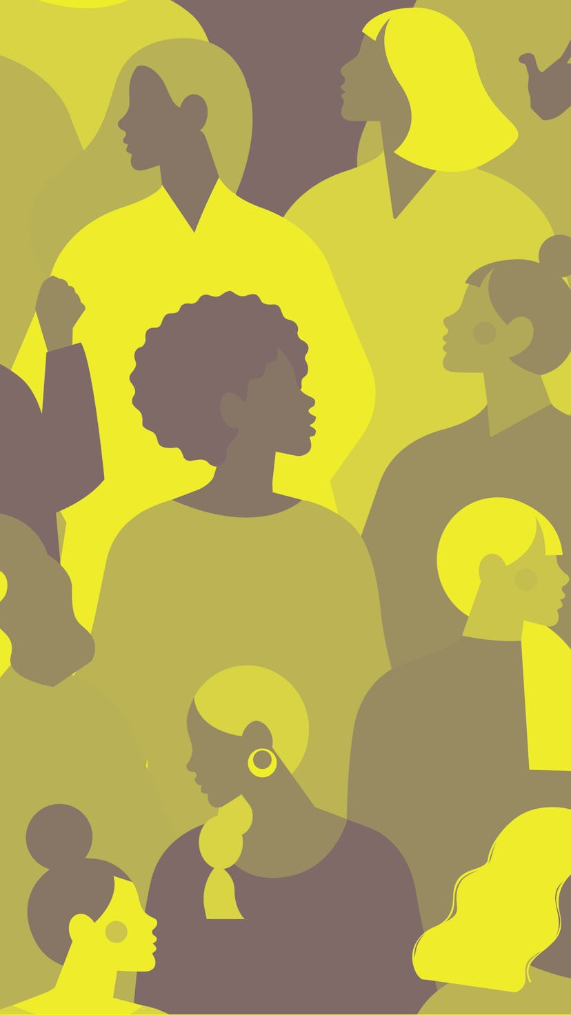 Female diverse faces of different ethnicity seamless pattern. Women empowerment movement pattern. In...