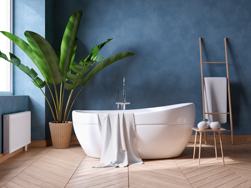 Luxurious Modern Bathroom interior design,white bathtub on grunge dark blue wall,3d render