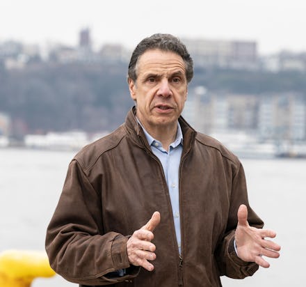 Governor Andrew Cuomo addresses media on arrival of USNS Comfort Navy ship Comfort with 1000 beds to...