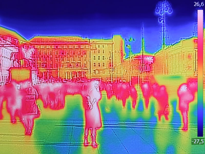 Infrared Thermal image of people walking the city streets, on a cold winter day