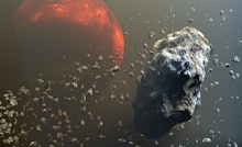 Asteroids or meteorites field in the outer space, formation of planets. 3d illustration