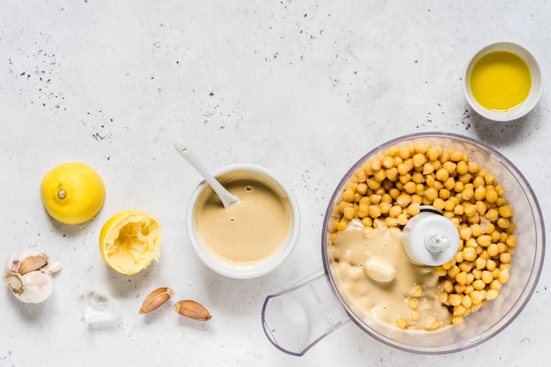 Hummus Ingredients, Houmous Being Made in a Food Processor, copy space for your text