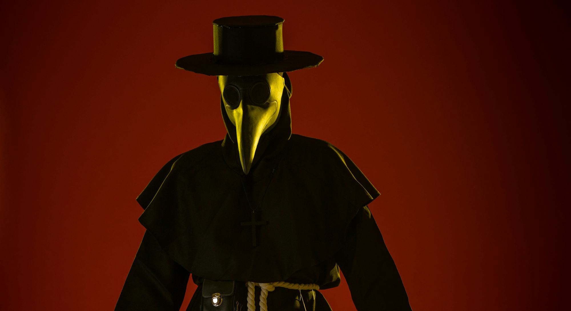Actress woman in mask and costume of fictional fantasy character posing on red background