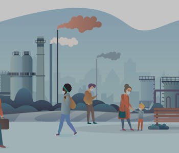 Sad and unhappy people wearing protective face masks and walking near factory pipes city with smoke ...