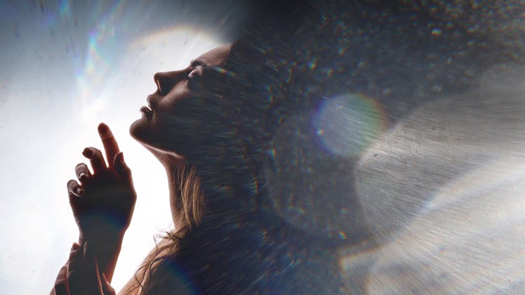 Double exposure of women face and galaxy. Abstract woman portrait on the background of space world....