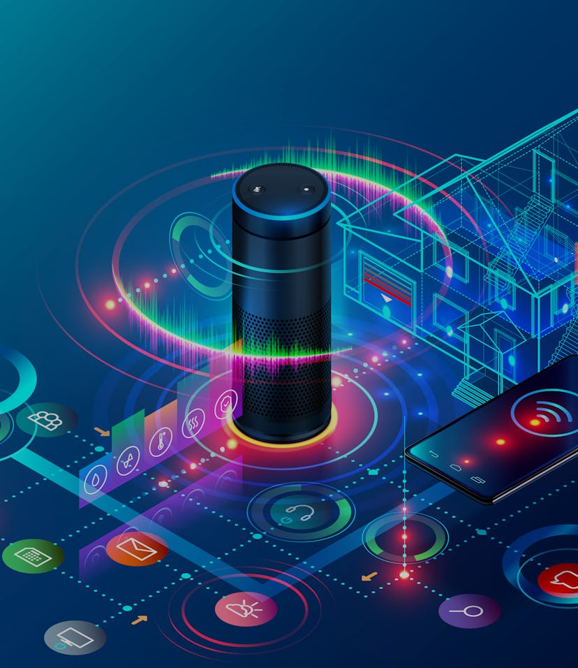 IOT isometric technology concept. Smart Speaker recognizes voice commands and controls System of Sma...