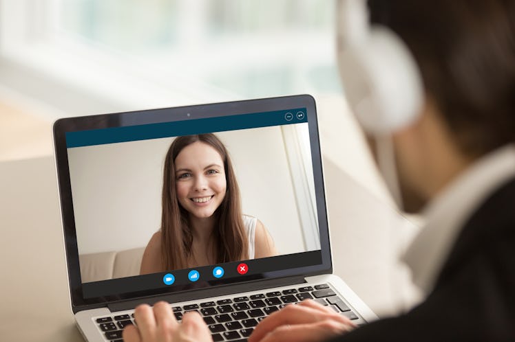 Smiling girl on videocall with guy, making video call to close foreign friend, talking by web camera...