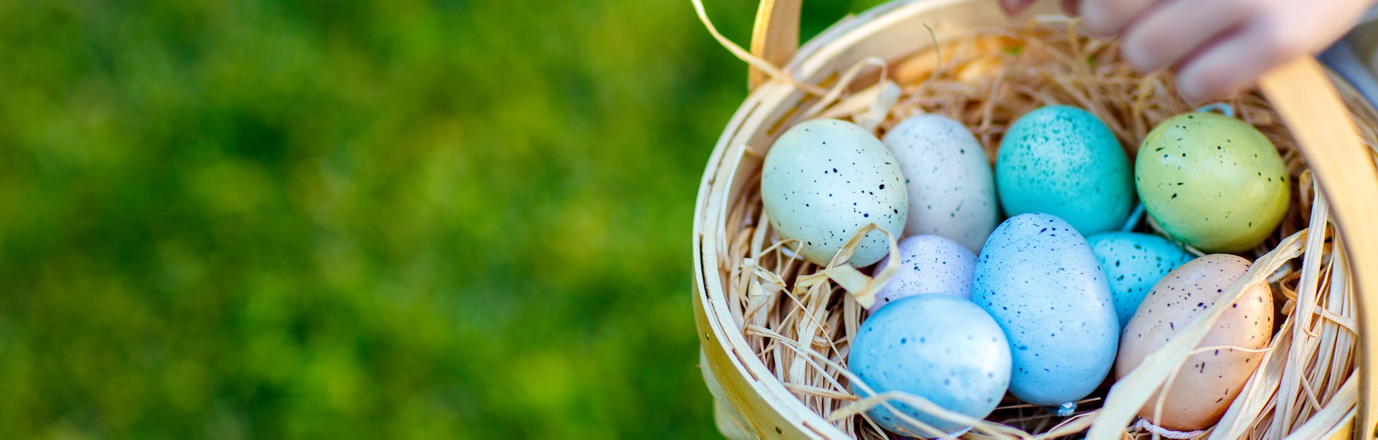 Close up of colorful Easter eggs in a basket