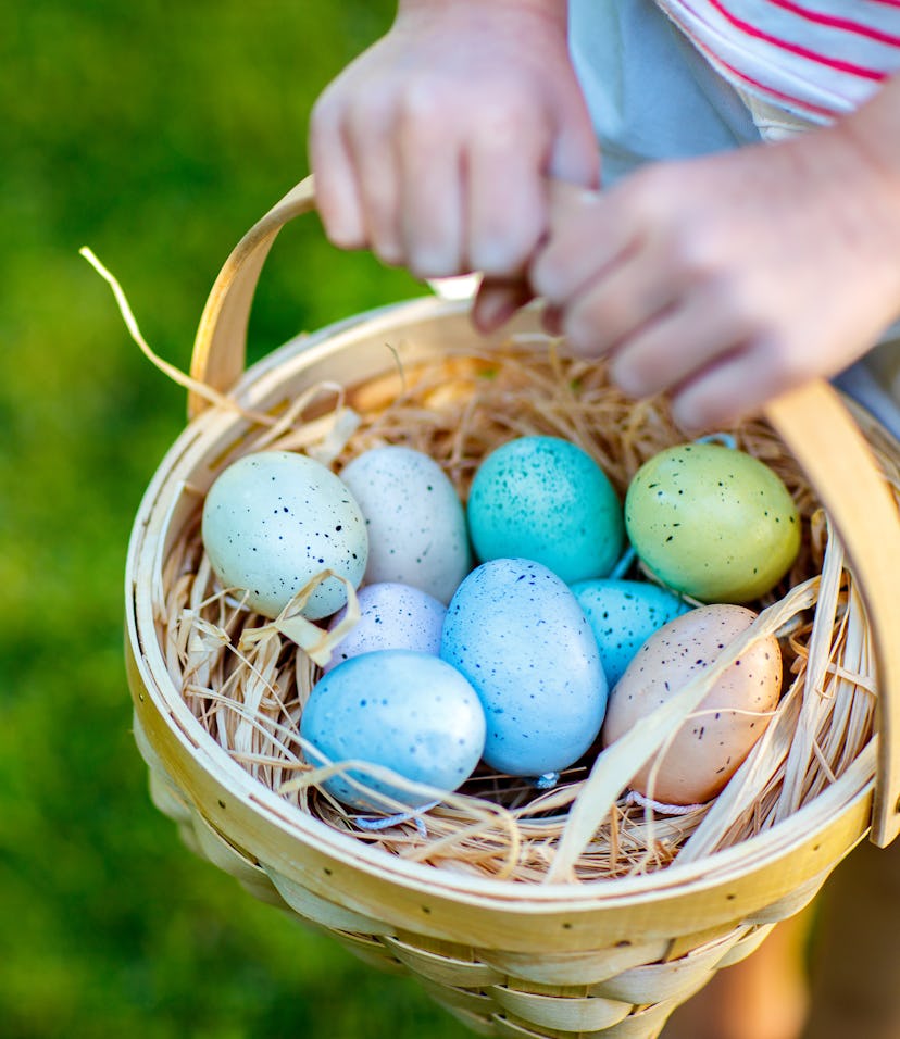 Close up of colorful Easter eggs in a basket