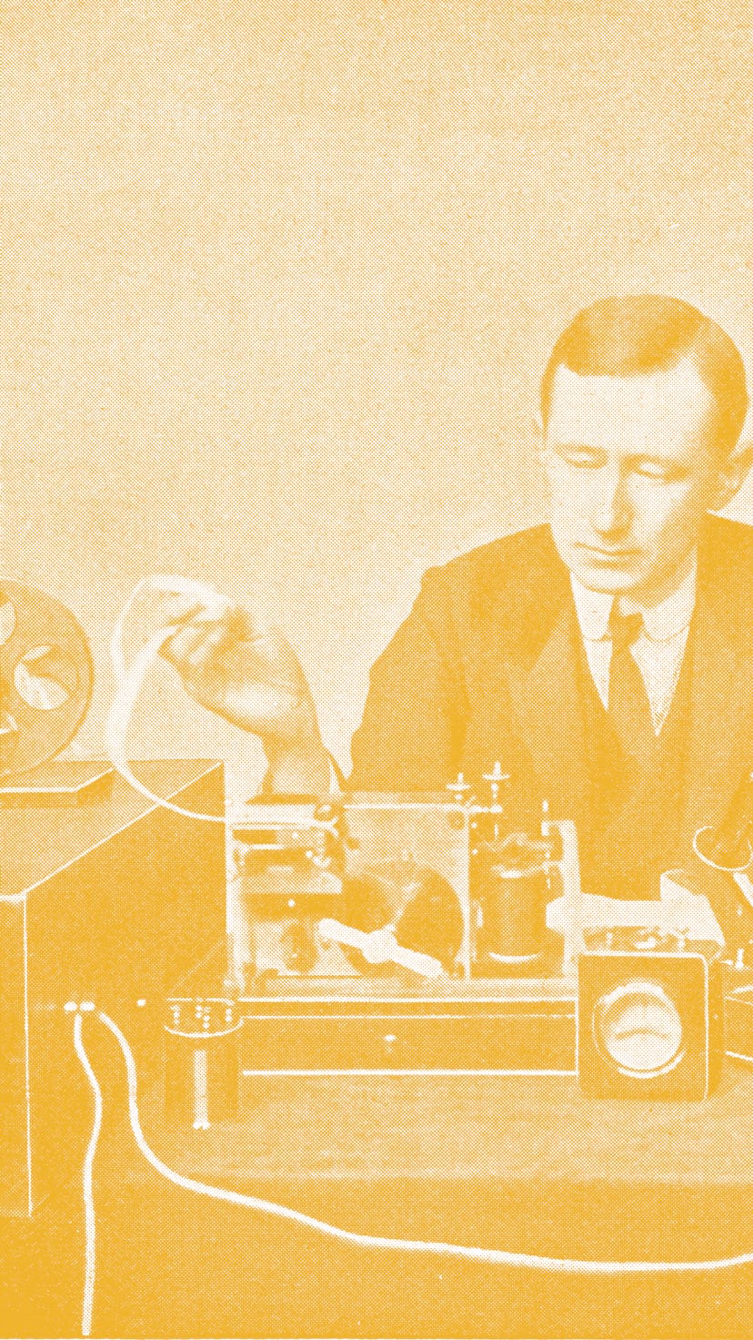 Marconi in front of his receiving device for wireless telegraphy, vintage engraved illustration. Fro...