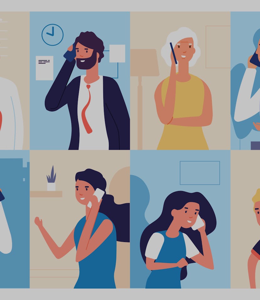 People talking phone. Men and women calling by telephone. Communication and conversation with smartp...