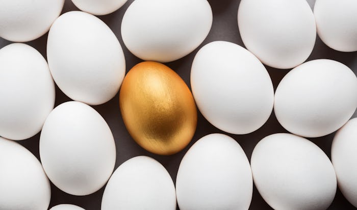 Uniqueness and success. One golden egg between group of white eggs, top view