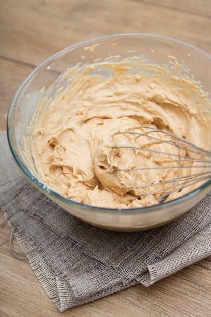 Blend in the peanut butter and milk with the other dry ingredients. 