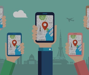 mobile gps navigation service flat illustration. Hand-holding mobile phone with map application ( T...