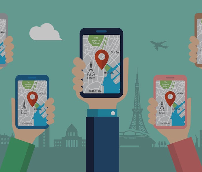 mobile gps navigation service flat illustration. Hand-holding mobile phone with map application ( T...