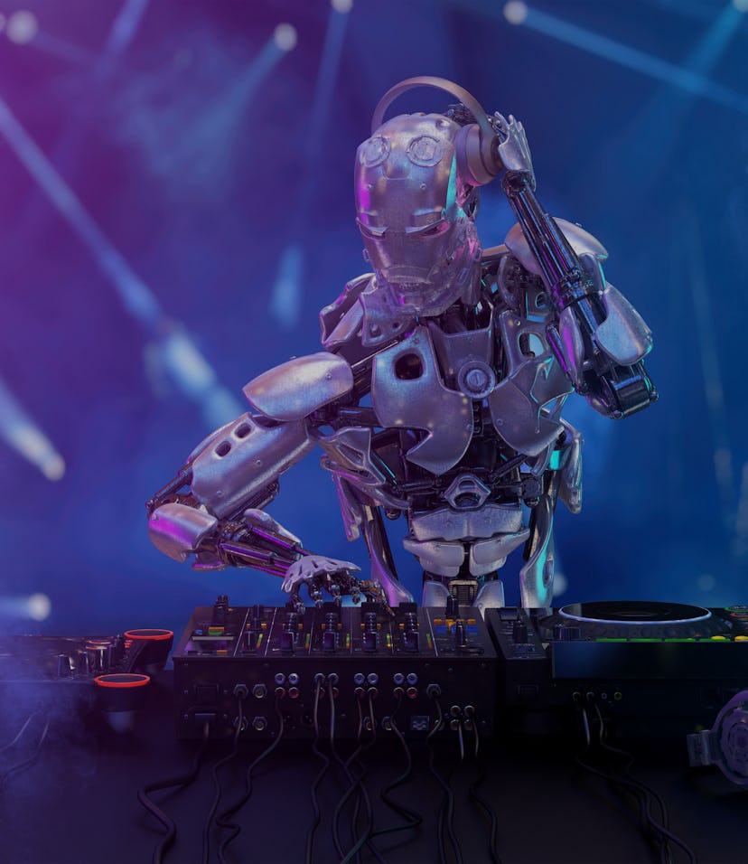 Robot disc jockey at the dj mixer and turntable plays nightclub during party. EDM, entertainment, pa...