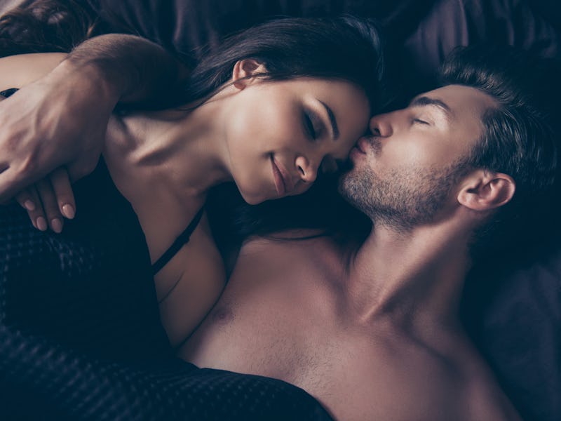 Above top view close up cropped photo of lovely graceful tender cute smiling beautiful sexualcouple,...