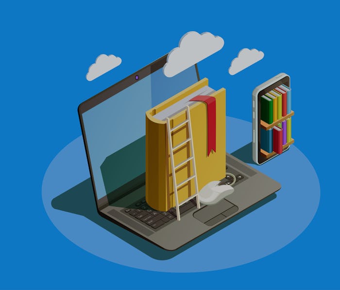 Online education isometric icons composition with laptop book smartphone electronic library and clou...