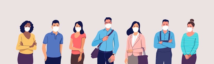 People in protective medical face masks. Men and women wearing protection from virus, urban air poll...