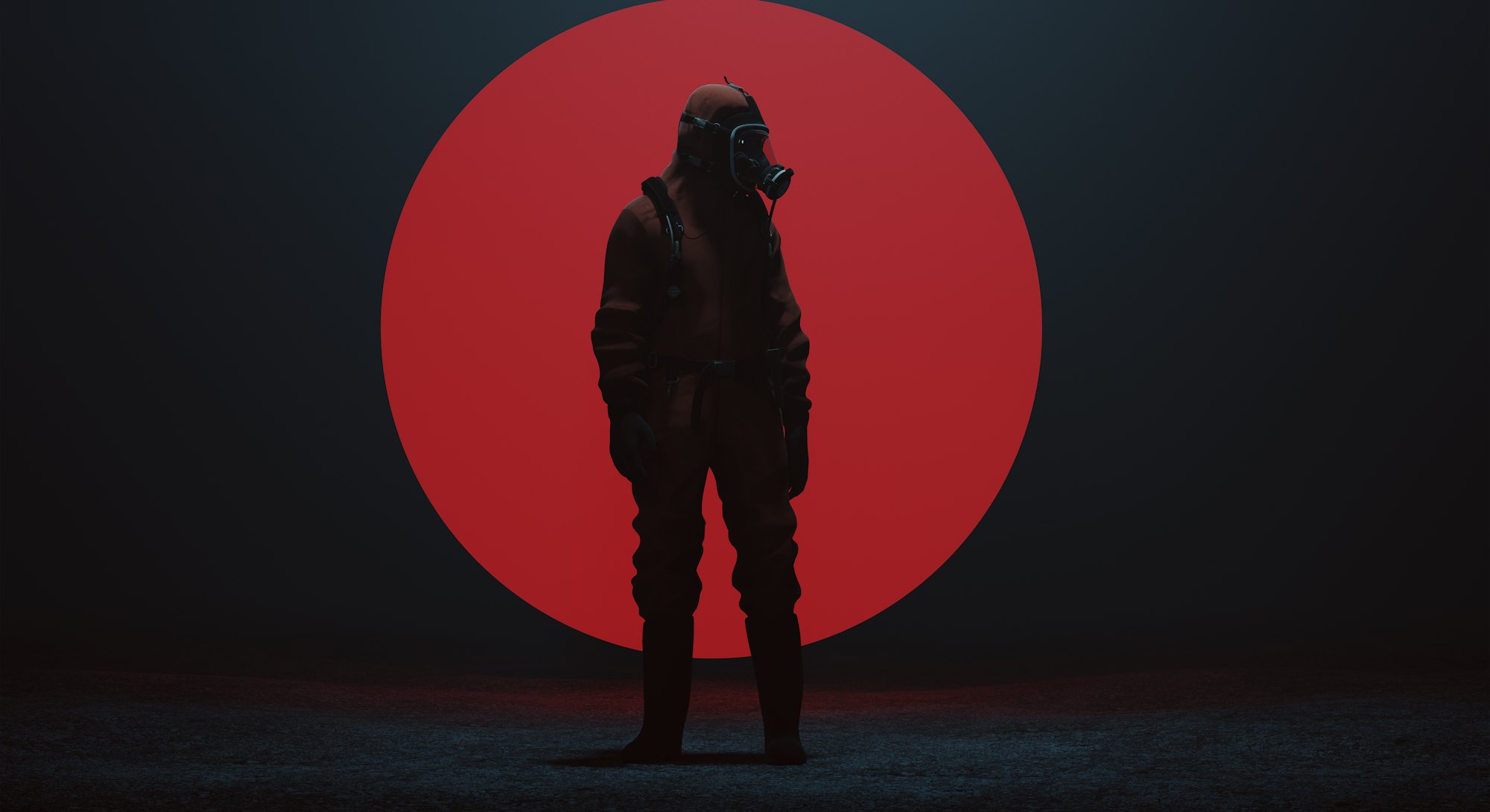 Man in a Hazmat suit with a Big Red Sphere in a foggy void 3d Illustration 3d render