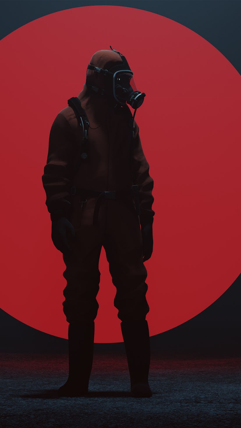 Man in a Hazmat suit with a Big Red Sphere in a foggy void 3d Illustration 3d render