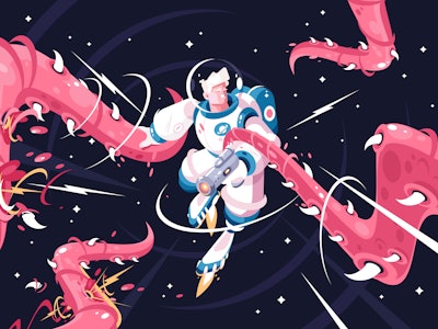 Young astronaut vs dangerous alien tentacles. Astronaut with weapon fighting monster at cosmos vecto...