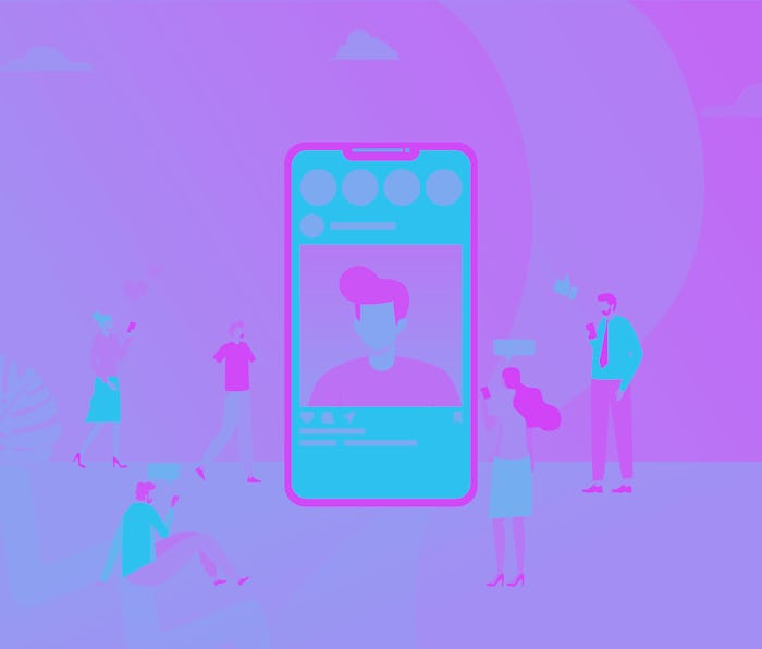 social media marketing vector concept illustration, happy woman and men give like comment on Instagr...