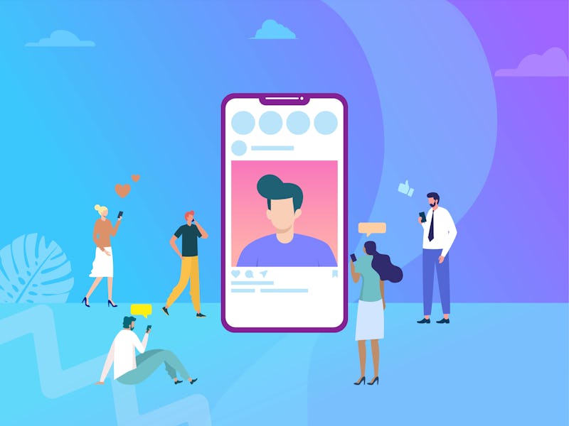 social media marketing vector concept illustration, happy woman and men give like comment on Instagr...