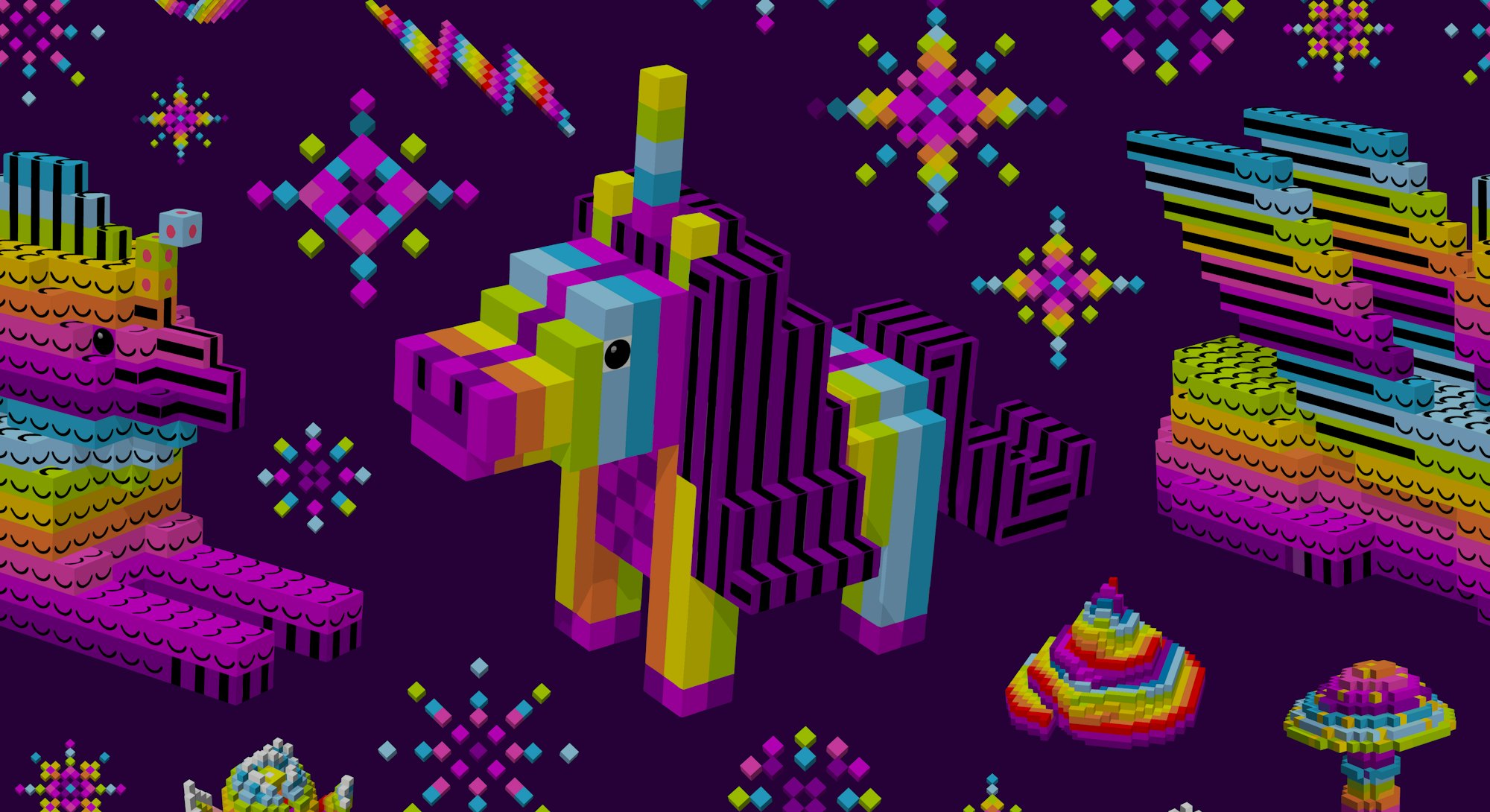 Unicorn shit,space sphinx rainbow,stars,Saturn.Computer characters,3D,cubes,pixel art,game style,dig...