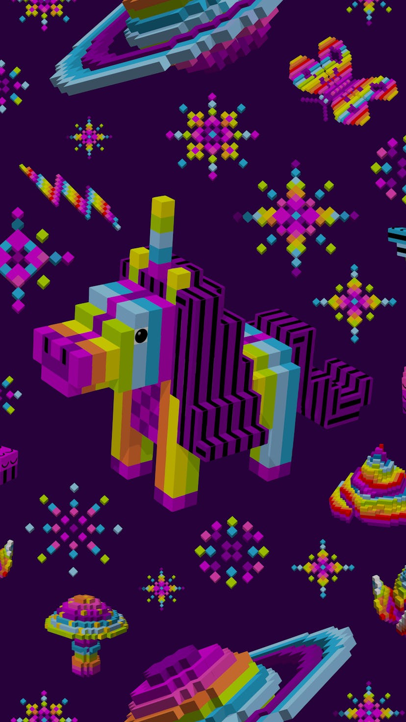 Unicorn shit,space sphinx rainbow,stars,Saturn.Computer characters,3D,cubes,pixel art,game style,dig...