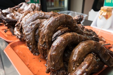 Spicy duck neck in a street shop, a famous Chinese traditional snack food in Wuhan 