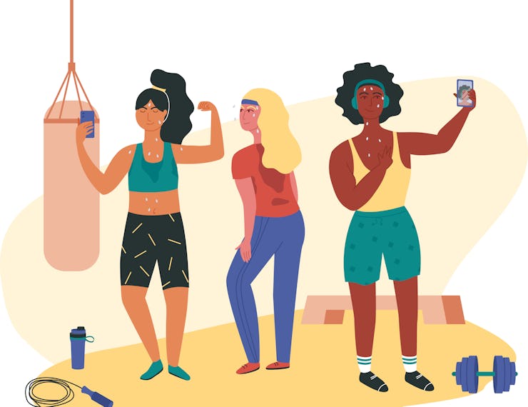 Three females doing sweaty selfie check-ins during gym session. Asian, black and white girls working...
