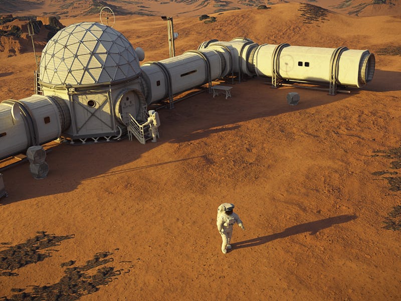 Mars base with astronauts, station on the surface of the red planet (3d science rendering)
