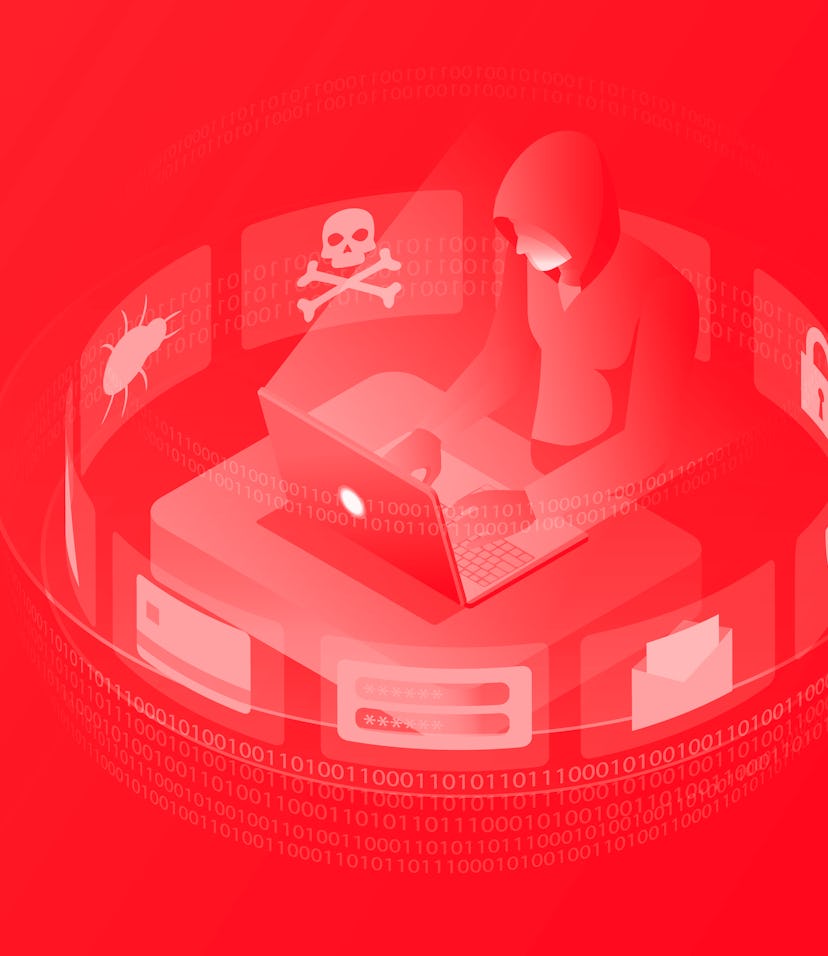 Isometric vector Internet hacker attack and personal data security concept. Computer security techno...