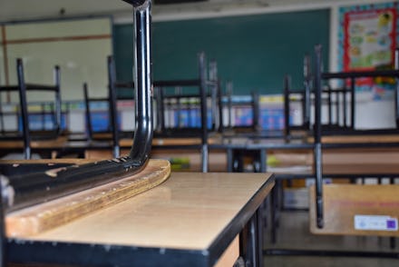 The atmosphere of the classroom in after school time, every student's chair is lifted.