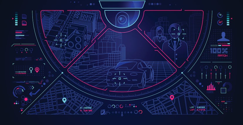 concept of surveillance technology, CCTV with detection screen and futuristic interface
