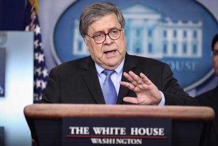 United States Attorney General William Barr speaks during a press conference in the Brady Press Brie...
