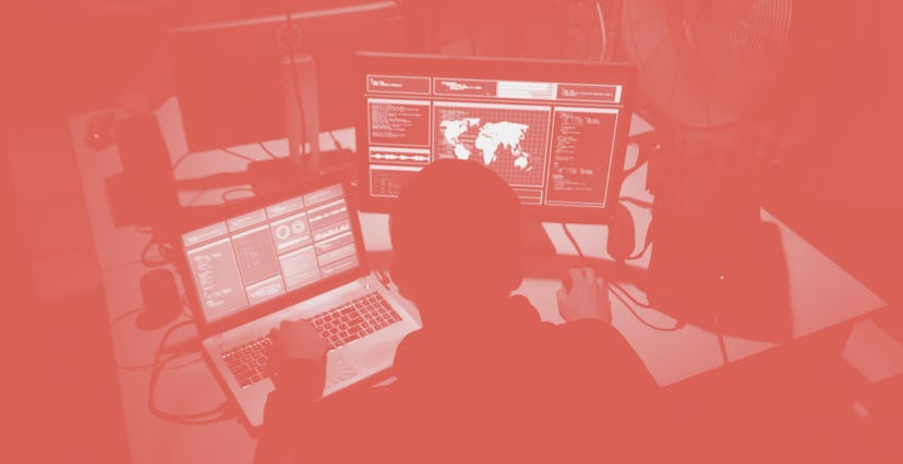 Wanted hackers coding virus ransomware using laptops and computers. Cyber attack, system breaking an...