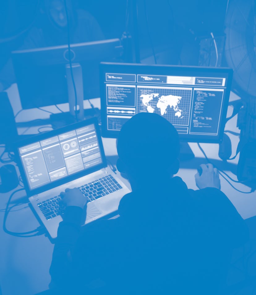 Wanted hackers coding virus ransomware using laptops and computers. Cyber attack, system breaking an...