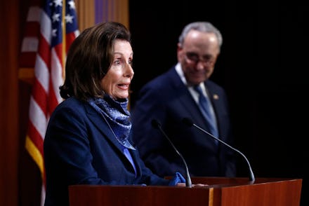 House Speaker Nancy Pelosi of Calif., speaks with reporters alongside Senate Minority Leader Sen. Ch...