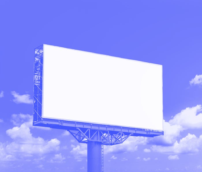 Blank billboard mockup with white screen against clouds and blue sky background. Copy space banner f...