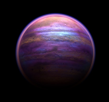 3d render of abstract ball gas giant planet Jupiter with purple  clouds in outer space 