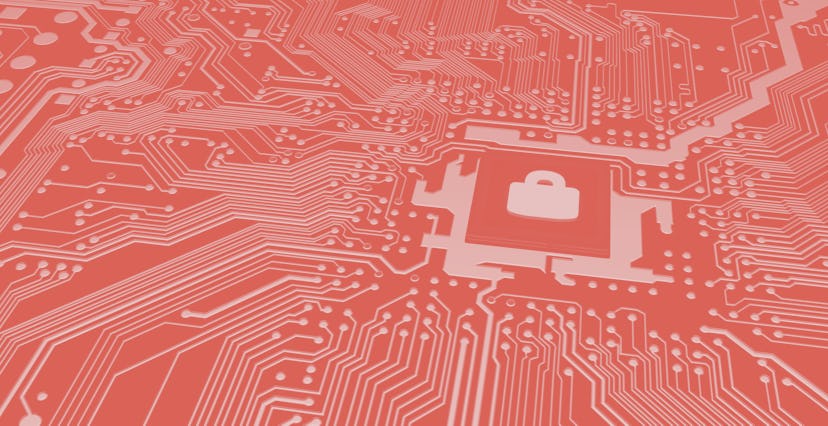 Blue circuit board closeup connected to a cpu with a glowing padlock symbol on top cybersecurity con...